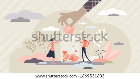 Support concept, flat tiny volunteer persons vector illustration. Donation jar collecting heart symbols with a giving hand. Charity help campaign for social awareness. Generous community people art.