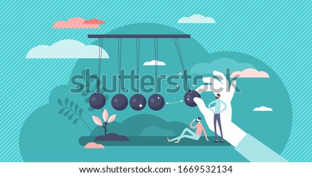 Momentum energy concept, flat tiny person vector illustration. Impulse for action and moving forward with goals metaphor. Symbolic motivation push impact and inner drive for success. Inertia force.