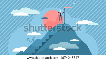 Success business vision concept, flat tiny businessman person vector illustration. Company growth mission achievement and reaching top. Innovation milestones direction and strategic leadership work.