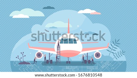 Aerospace engineer vector illustration. Maintenance workers flat tiny persons concept. Service work with civil or cargo airplane. Fuselage and turbine check as industrial occupation daily scene.