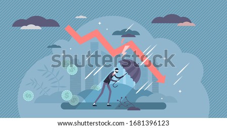 Recession financial storm concept, tiny business person vector illustration. World economy recession and global market collapse risk. Business bankruptcy loss challenges and stock market crash arrow.