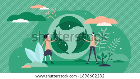 Green leaf recycle symbol vector illustration in flat tiny persons concept. Reusable cycle visualization for environmental zero waste nature friendly lifestyle. 