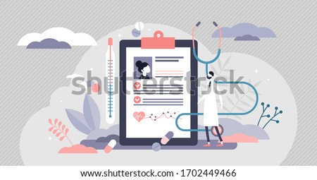 EHR or Electronic health record vector illustration with flat tiny person concept. Abstract tablet with patient health status and history file. E-health system for data and information collection.