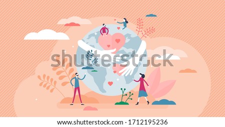 Earth hug vector illustration. Love, care planet flat tiny persons concept. Use renewable resources as sustainable lifestyle and world protection symbol. Nature friendly attitude with bio products.
