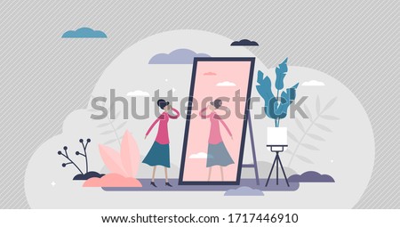 Self absorption concept, flat tiny person vector illustration. Relationships with self image and personal analysis. Reflection thoughts on life attitude and personality traits. Inner awareness process