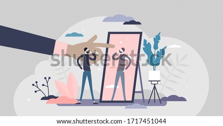 Self absorption concept, flat tiny person vector illustration. Relationships with self image and personal analysis. Reflection thoughts on life attitude and personality traits. Inner awareness process