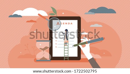 Meeting agenda vector illustration. Time schedule flat tiny persons concept. Abstract business appointments list. Professional planning management order for company information timetable.