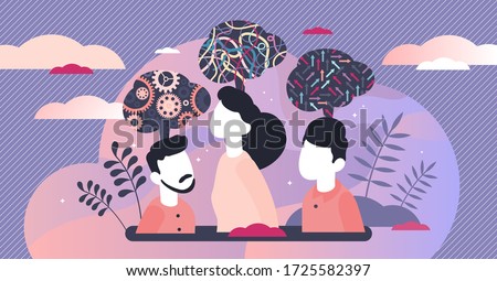 Mind behavior concept, flat tiny persons vector illustration. Abstract inner thought process and symbolic emotional activity. Personality and mental mindset types. Personal attitude and lifestyle.