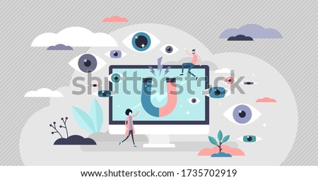 Views vector illustration. Attract blog audience flat tiny persons concept. Social media platform channel viewers subscription and engagement attraction to growth website popularity and visitor number Photo stock © 