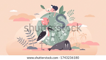 Biodiversity vector illustration. Various wildlife flat tiny person concept. Mammals, birds, fishes and fauna life endangered conservation and retention. Earth climate awareness and habitat saving.