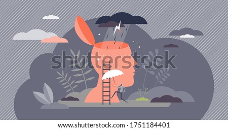 Bad mood vector illustration. Emotion concept of a flat tiny person. Sad depression feeling visualized with abstract thunderstorm clouds and rain in open head. Psychologist help needed scene.