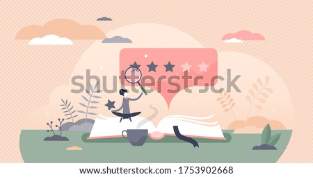 Book review vector illustration. Reading feedback flat tiny persons concept. Literature professional analysis for quality rating assessment and appraisal. Choice report scene with opinion publication.
