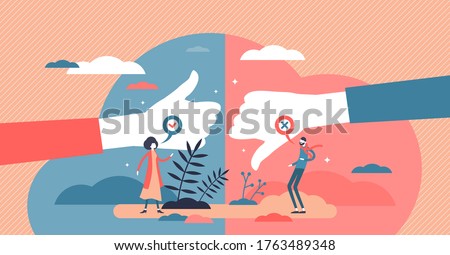 Pros and cons advantage comparison in flat tiny persons concept vector illustration. Choice between positive and negative arguments for final decision. Benefits evaluation in brainstorming research. Foto stock © 