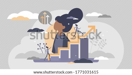 Self improvement with personal development and growth flat tiny persons concept. Educational and professional progress vector illustration. Career progress and skill training performance challenge.