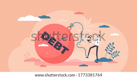Reducing debt relief after cut financial commitments flat tiny person concept. Economical process when credit is payed and get freedom from bank obligations. Money loan last payment in symbolic scene.