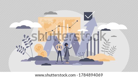 Financial market with money value growth chart flat tiny person concept. Investment business improvement with finance economy profit arrow vector illustration. Stock earnings increase visualization.
