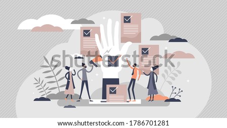 Democracy as government form with speech freedom flat tiny persons concept. Society opinion diversity ideology and decision making with vote and referendum option for fair result vector illustration.