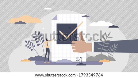 Confirm ok sign in checkbox and positive thumbs up in tiny persons concept. Symbolic scene with approve, accept and validation elements vector illustration. Successful test approval visualization.