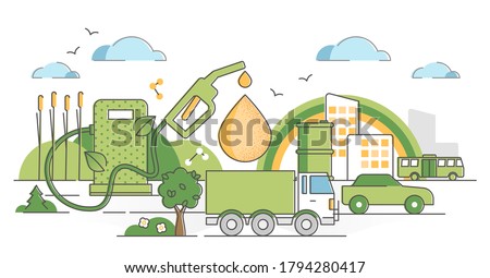 Biofuel renewable energy as green gas industry alternative outline concept. Bio fuel pump station with vehicles in clean air environment without greenhouse gases and CO2 emissions vector illustration.