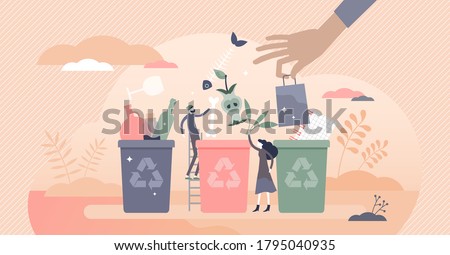 Sorting garbage containers to separate waste and trash tiny persons concept. Environmental ecological solution to save nature with glass, paper, organic and plastic segregation vector illustration.