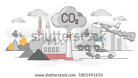 CO2 carbon dioxide emissions global air climate pollution outline concept. Transport, factories and forest fire as greenhouse effect and planet warming causes vector illustration. Urban smog scene.