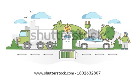 Electric vehicle charging with plugged electricity socket outline concept. Alternative energy for green ecological cars with zero emissions vector illustration. Renewable power for accumulator charge.