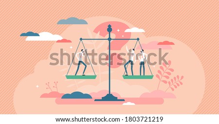 Utilitarianism normative ethical theory principle tiny person concept. Morality thinking with idea about personal or society benefit comparison vector illustration. Utility advantages on weight scales
