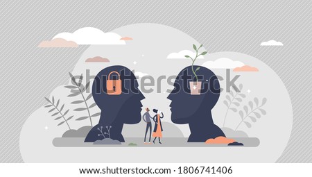 Fixed vs growth mindset with open or locked personality tiny person concept. Compared psychological types in symbolic visualization with creative and development oriented versus conservative model.
