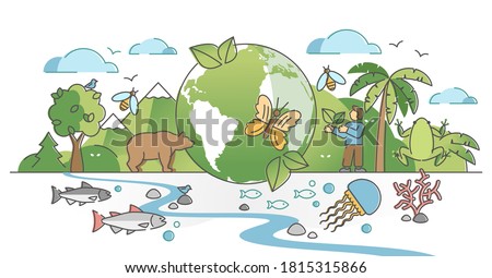 Biodiversity as natural wildlife species or fauna protection outline concept. Ecosystem climate difference with vegetation and habitat saving vector illustration. Ecology and endangered bio life.
