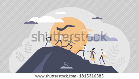 Teamwork partnership with business team assistance help tiny persons concept. Target reaching as company employee challenge to climb to mountain together with unity and cooperation vector illustration
