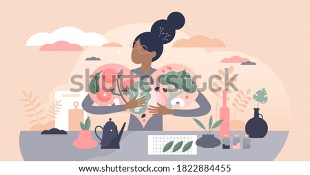 Vegan food lifestyle with vegetables and balanced diet tiny persons concept. Fresh organic products for eco catering with nutrition and vitamins from raw fruit, greens and nuts vector illustration.