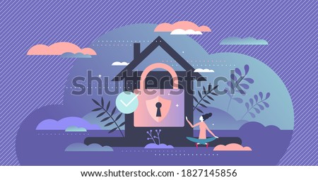 Home security care with lock, shield and alarm for peace and harmony feeling tiny person concept. House protection from thieves and burglary vector illustration. Defense system for building control.