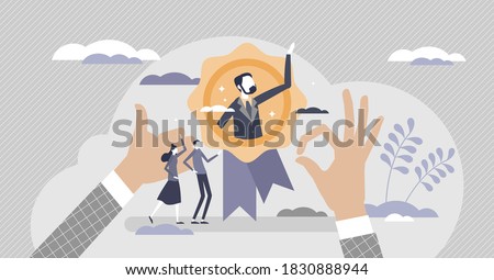 HR recognition as best candidate reputation from recommendations tiny person concept. Symbolic popular professional with outstanding results for headhunting and hiring choice scene vector illustration