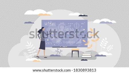 Chalkboard or blackboard with teacher writing scribble as explanation notes tiny person concept. School lesson education and knowledge process with math, physics or music learning vector illustration.