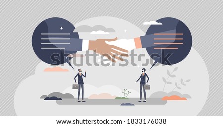 Closing deal as business sale contract agreement moment tiny person concept. Partners trade or purchase symbolic gesture as successful offer moment vector illustration. Businessman promise and trust.