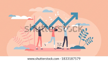 Progress development as success improvement and growth tiny person concept. Professional teamwork scene with increased and upward pointed arrow as profit, sales or career up reach vector illustration.