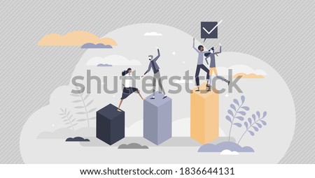 Team goals as project challenge target reaching together tiny person concept. Partnership assistance for better performance and common purpose achievement vector illustration. Teamwork coworking scene