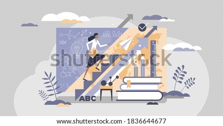 Teacher upskilling for qualification and knowledge growth tiny person concept. Reskilling educators for better explanation knowledge and skills as improvement in education system vector illustration.