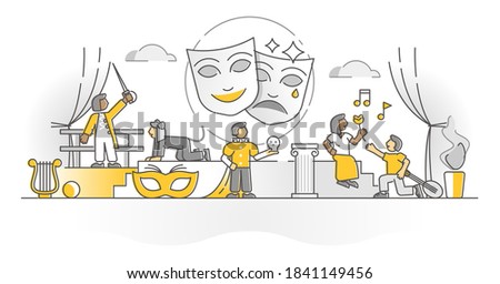 Theater show art form with acting stage actors monocolor outline concept. Opera or drama theatre performance as part of classic live culture events vector illustration. Dramaturgy masks and costumes.