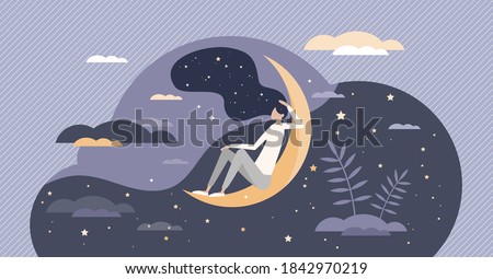 Good sleep at night moon with deep, sweet and healthy dreams tiny person concept. Sky with stars as calm and restful bedtime symbol vector illustration. Relaxing fantasy in comfortable REM state scene