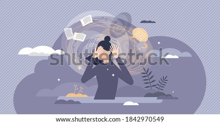 Frustration swirl as dizzy mental feeling problem crisis tiny person concept. Work overload pressure caused depression and emotional state vector illustration. Psychological tension and disorientation