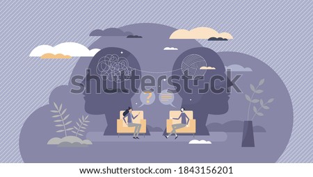 Psychology therapy doctor session with confused patient tiny person concept. Mental health care about feelings, emotions and talking about frustration, stress and depression help vector illustration.