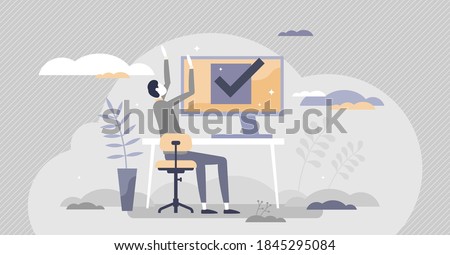 Completed task with submitted and approved pass tiny person concept. Check positive mark as successful selected confirmation vector illustration. Digital voting done or finished exam confirmation.