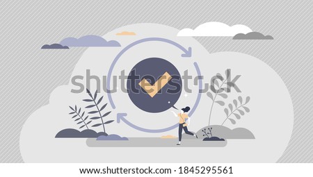 Refresh complete or reload done as task repeat action tiny person concept. Restart or do over same work for same results vector illustration. Update, synchronization or renew symbolic element scene.
