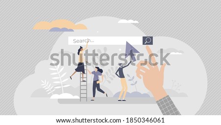 Search engine as web browser tool to find information tiny person concept. Looking up for data in online website contents vector illustration. Internet site service for info research and visualization