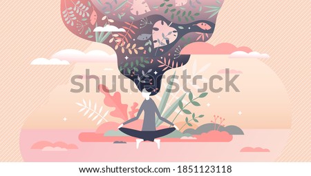 Meditation therapy as mind and body harmony and balance tiny person concept. Female relaxation with physical and mental wellness treatment vector illustration. Spiritual lotus silence sitting position
