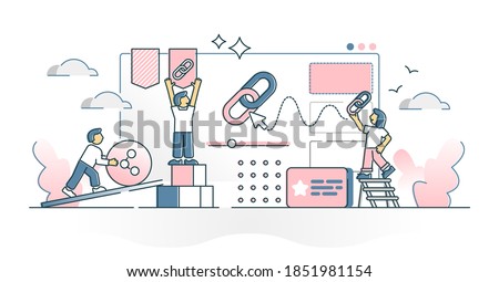 Link building as connect or share website content information outline concept. Embed home page info and obtain data with backlink technology vector illustration. Company site optimization teamwork.