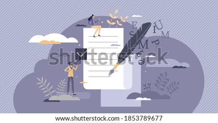 Poetry as literature and creative arts writing culture tiny person concept. Diary publication with romantic letters and poems as personal expression with symbolic ink feather form vector illustration.