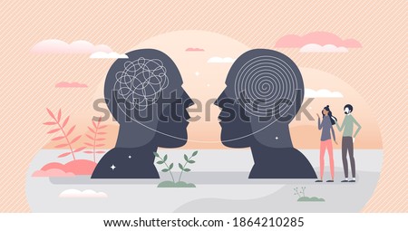 Inner world as thoughts into head with emotions and feelings tiny person concept. Internal psychology with chaos and arranged mind after therapy vector illustration. Mental brain mindset health scene.