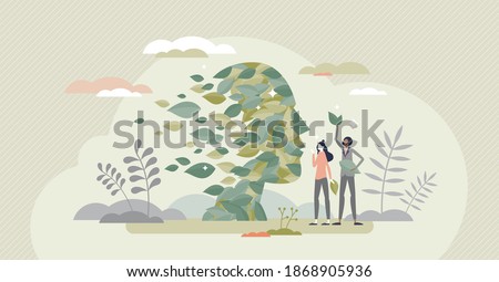 Green thinking as face rejuvenale with sustainable leaves tiny person concept. Environment friendly approach regeneration and alternative eco power consumption support symbolic vector illustration. Foto d'archivio © 